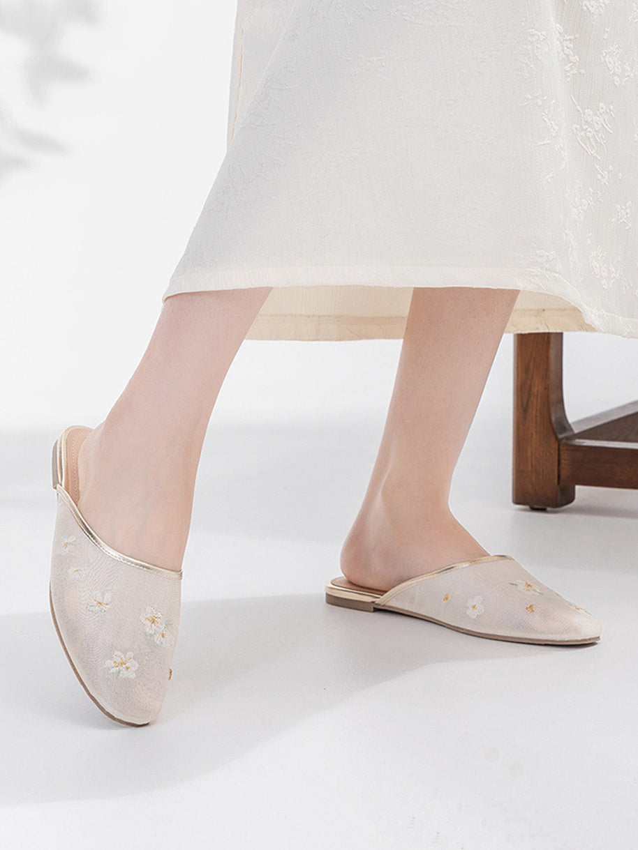 Ulivary Oriental-Floral Mesh Closed-Toe Slippers