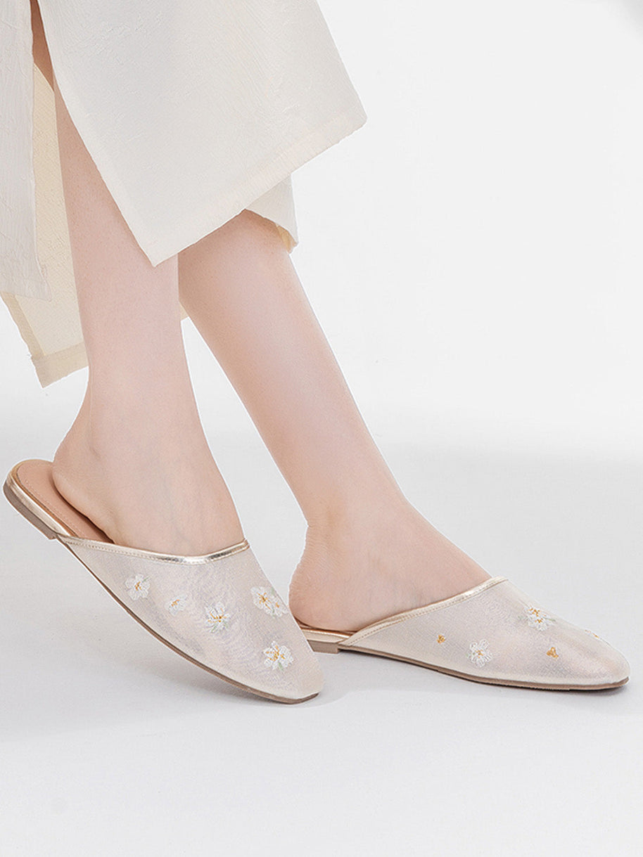 Ulivary Oriental-Floral Mesh Closed-Toe Slippers
