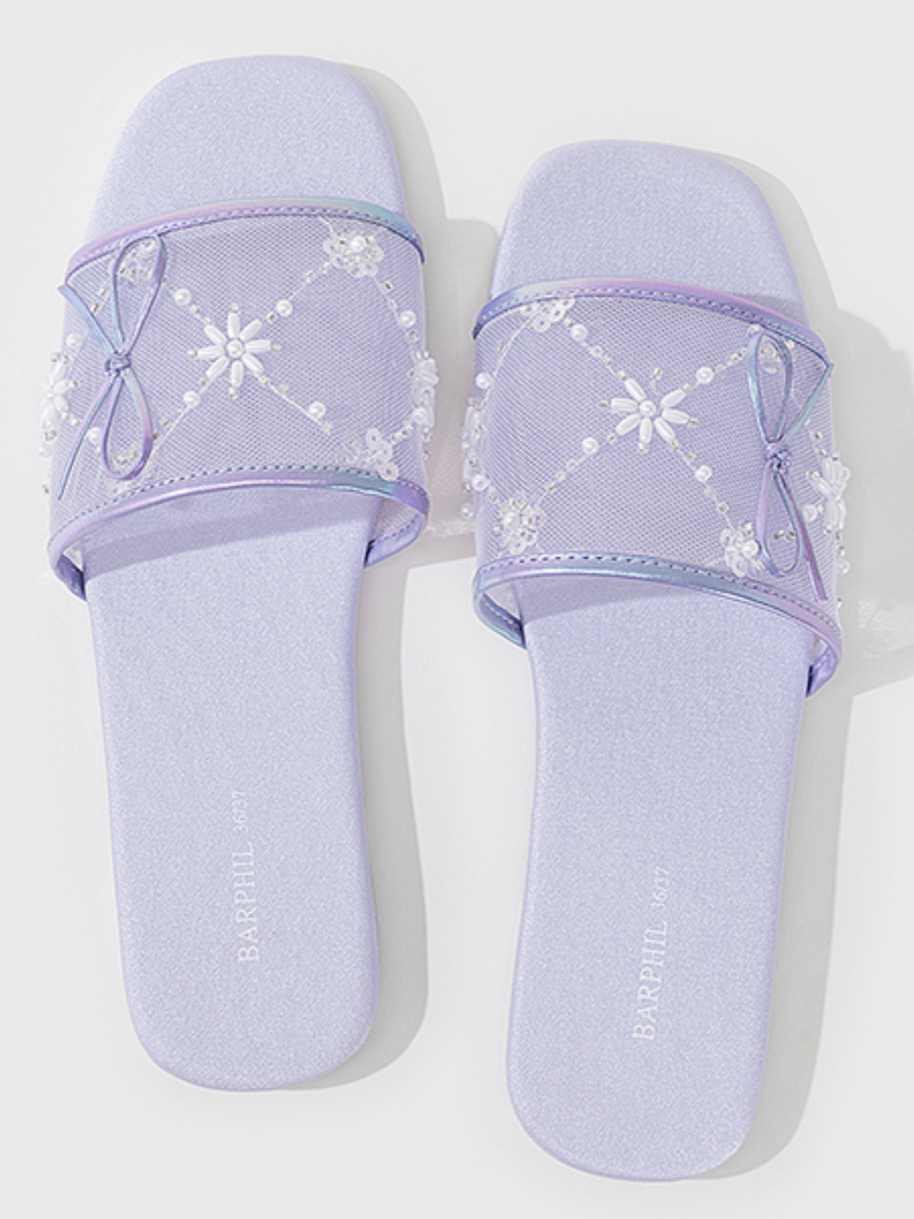 Ulivary Embroidered Satin Bow House Slippers (more colors)