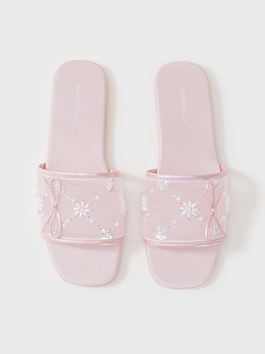 Ulivary Embroidered Satin Bow House Slippers (more colors)