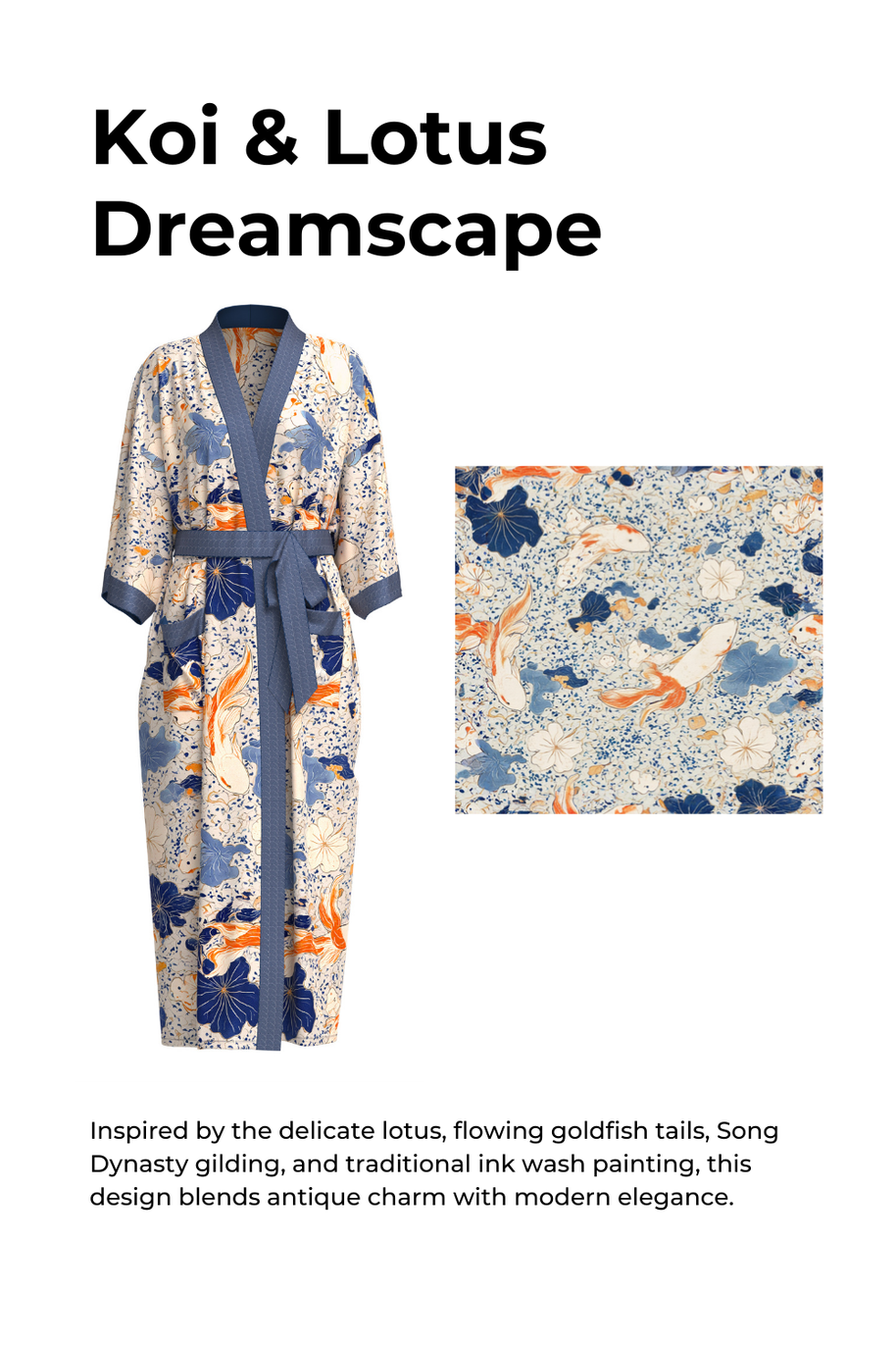 Ulivary Koi & Lotus Dreamscape Kimono Robe With Elegant Pockets