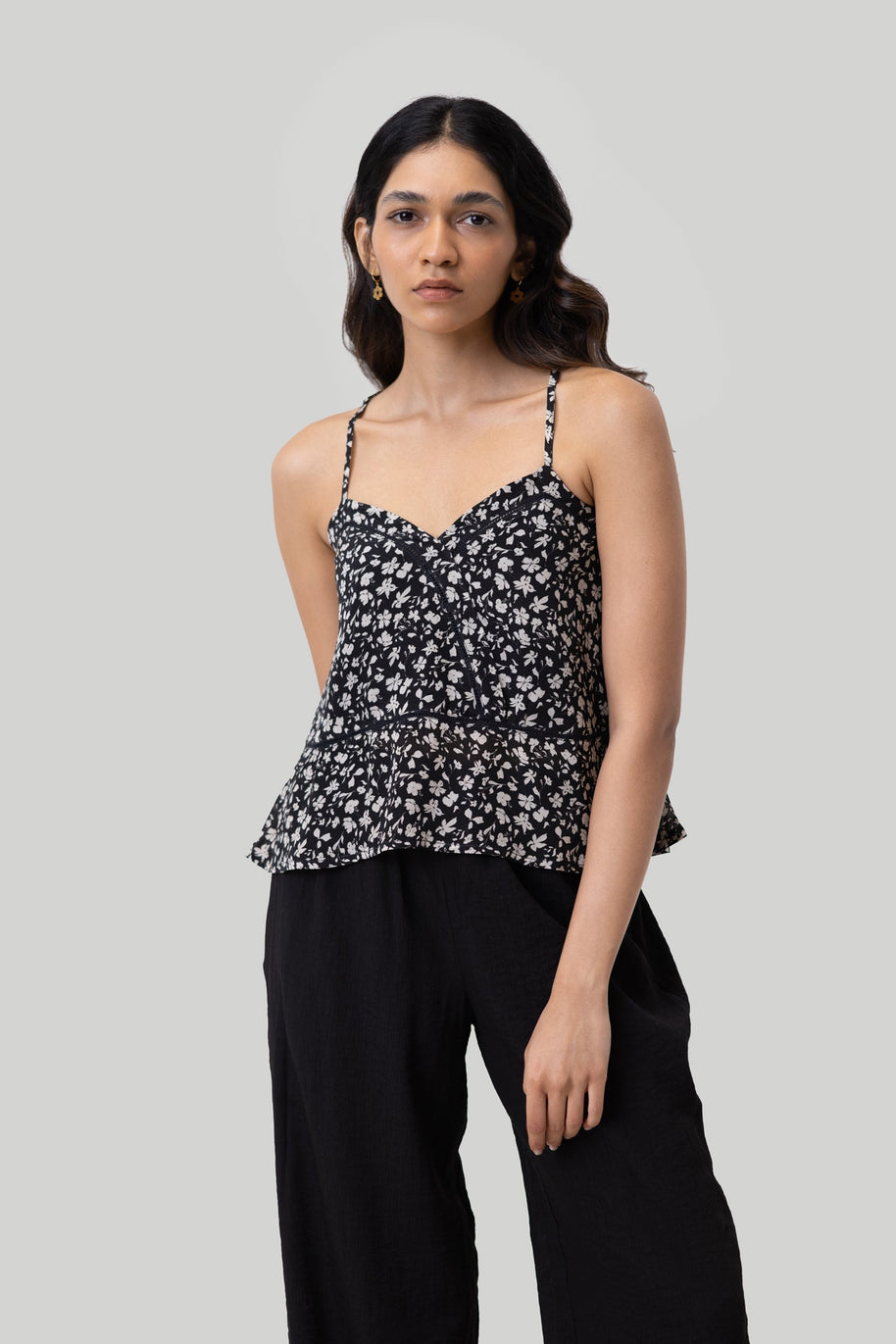 V-neck Lace Camisole In Black Florals