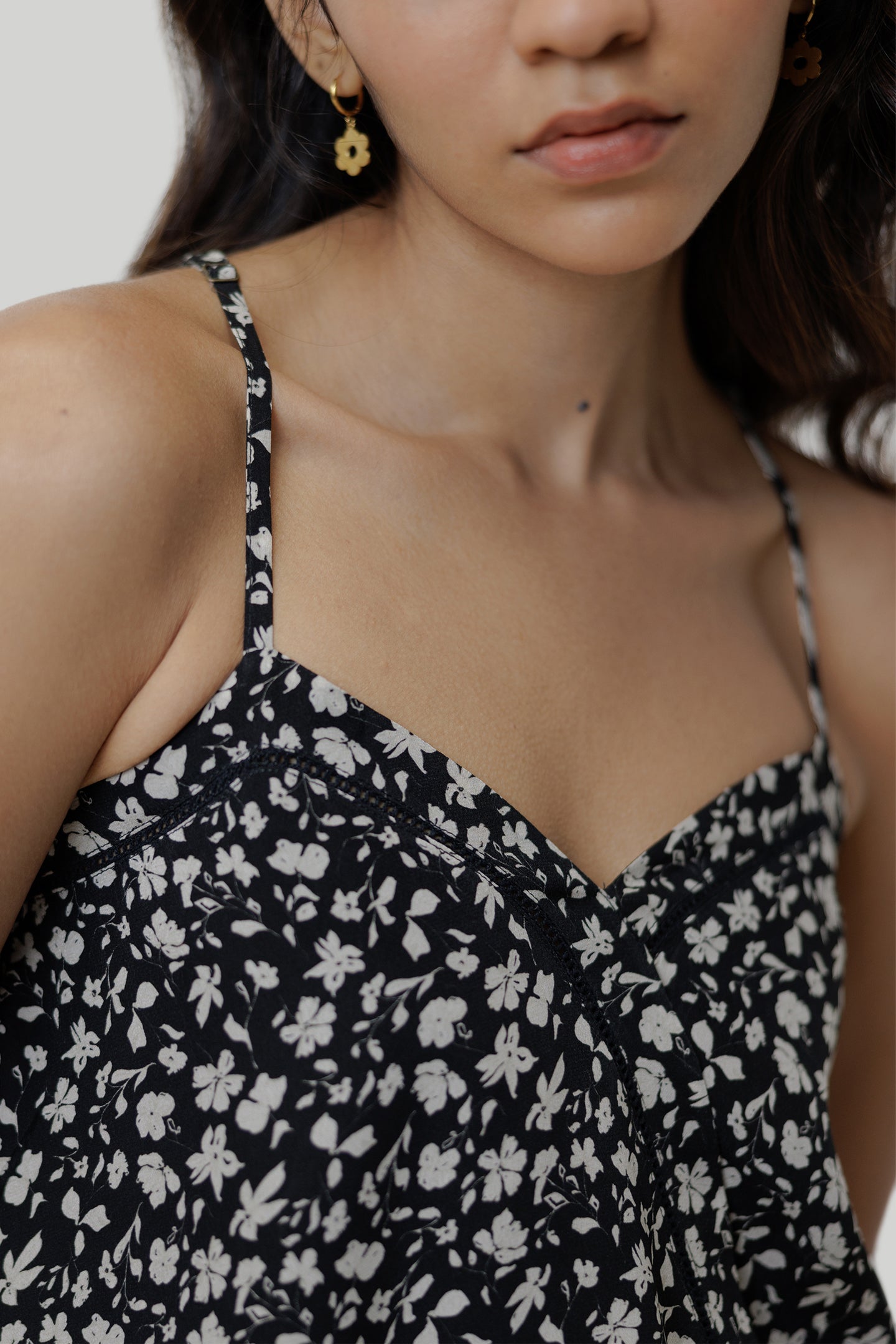 V-neck Lace Camisole In Black Florals