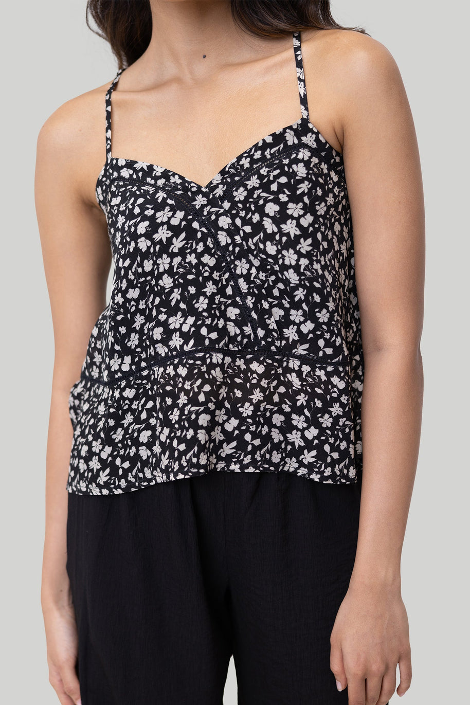 V-neck Lace Camisole In Black Florals