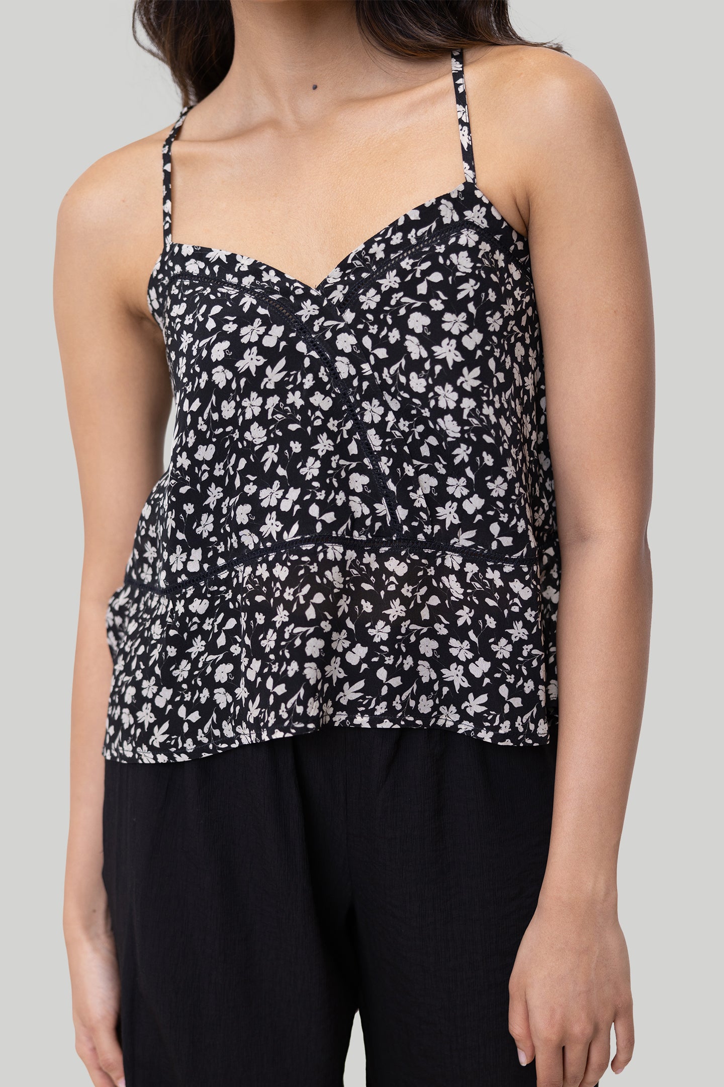 V-neck Lace Camisole In Black Florals
