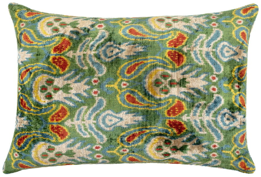 Canvello Exquisite 16x24 In Handmade Ikat Silk Velvet Pillow With Premium Down Feather Insert – Vibrant Vegetable Dyed Colors