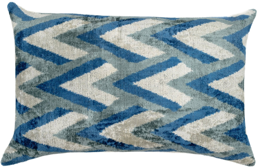 Canvello Handmade Chevron Velvet Throw Pillow In Blue And Grey - Ideal For Modern And Coastal Decor - 24x16 In