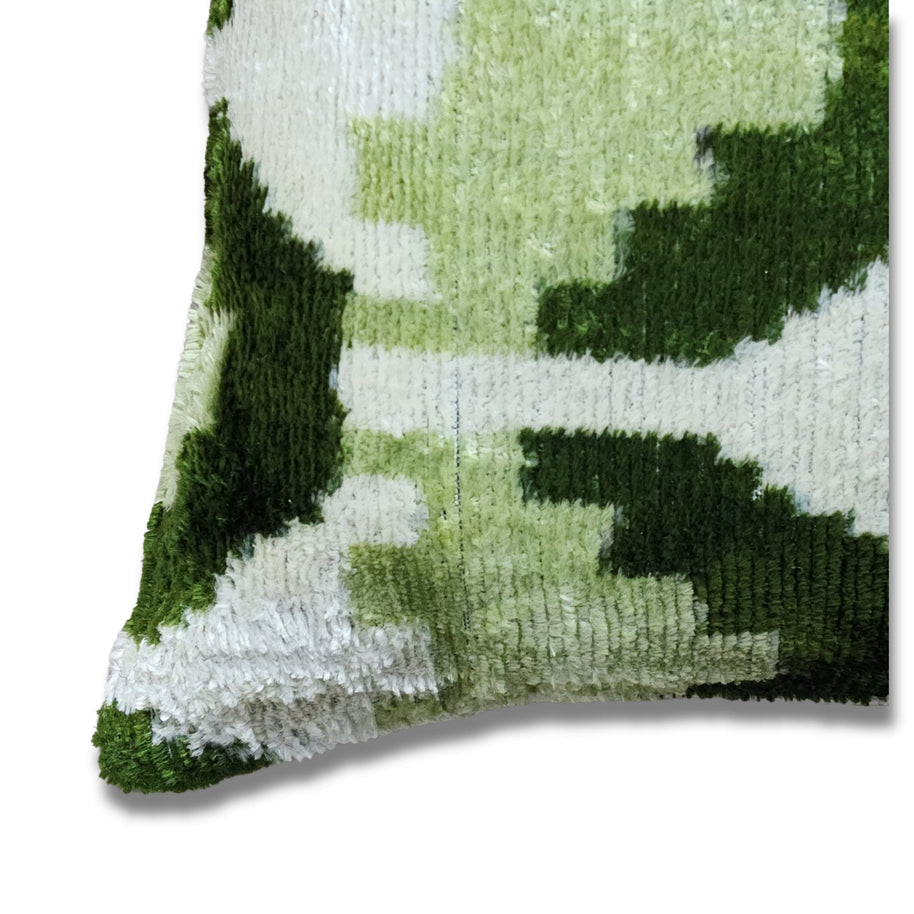 Canvello Handmade Green Geometric Silk Velvet Ikat Pillow - 11