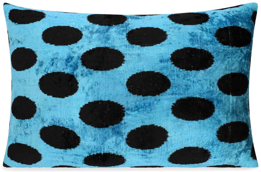 Canvello Handmade Velvet Lumbar Pillow In Blue And Black Polka Dot Design - High-Quality 16x24 Inch Decorative Accent With Premium Down Feather Insert