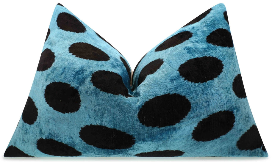 Canvello Handmade Velvet Lumbar Pillow In Blue And Black Polka Dot Design - High-Quality 16x24 Inch Decorative Accent With Premium Down Feather Insert