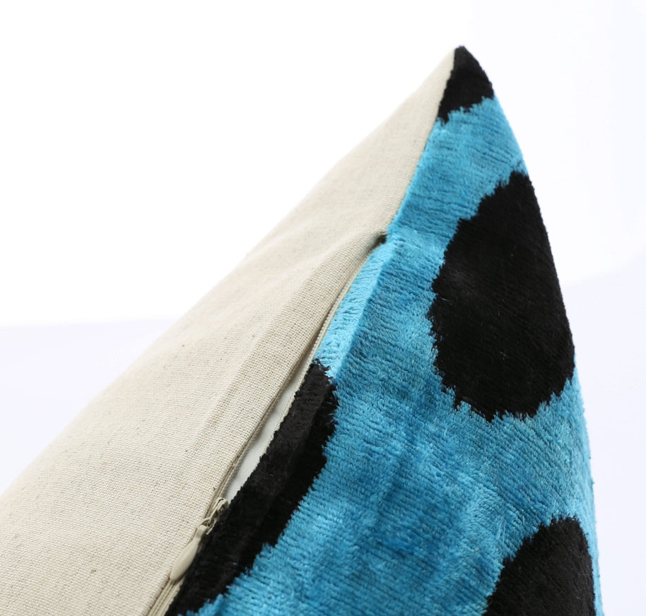 Canvello Handmade Velvet Lumbar Pillow In Blue And Black Polka Dot Design - High-Quality 16x24 Inch Decorative Accent With Premium Down Feather Insert