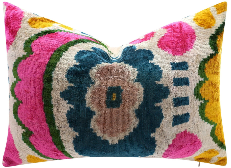 Canvello Handmade Velvet Lumbar Pillow In Bright Pink, Teal, And Yellow Floral Ikat Design - High-Quality 16x24 Inch Decorative Accent For Sofas, Couches, And Interior Design