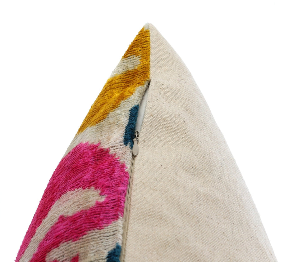 Canvello Handmade Velvet Lumbar Pillow In Bright Pink, Teal, And Yellow Floral Ikat Design - High-Quality 16x24 Inch Decorative Accent For Sofas, Couches, And Interior Design