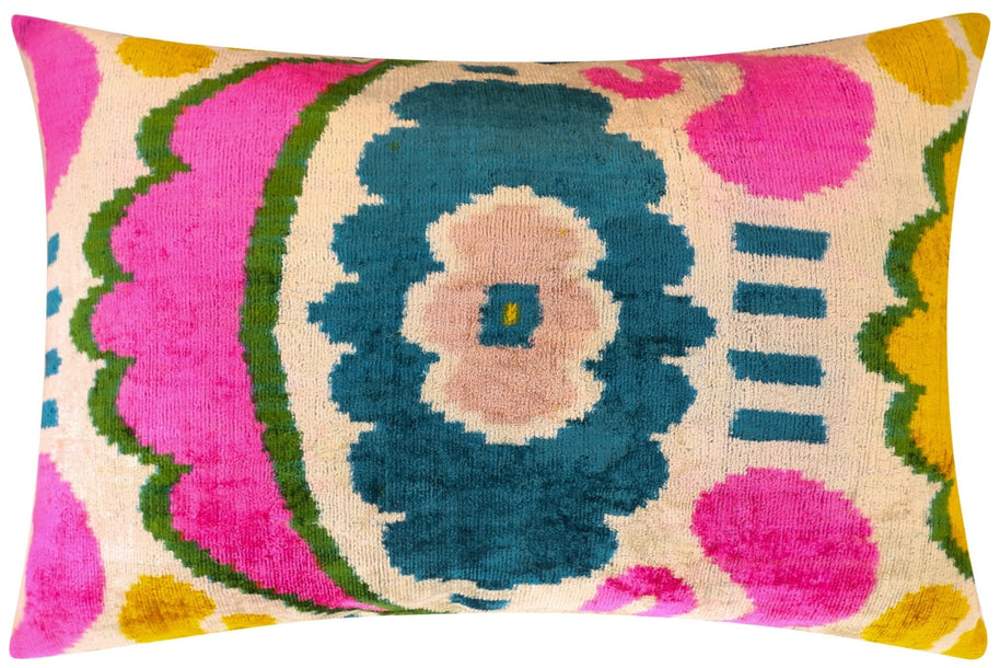 Canvello Handmade Velvet Lumbar Pillow In Bright Pink, Teal, And Yellow Floral Ikat Design - High-Quality 16x24 Inch Decorative Accent For Sofas, Couches, And Interior Design