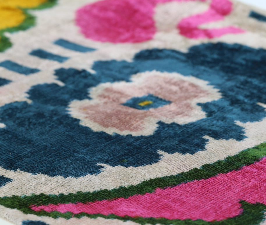 Canvello Handmade Velvet Lumbar Pillow In Bright Pink, Teal, And Yellow Floral Ikat Design - High-Quality 16x24 Inch Decorative Accent For Sofas, Couches, And Interior Design