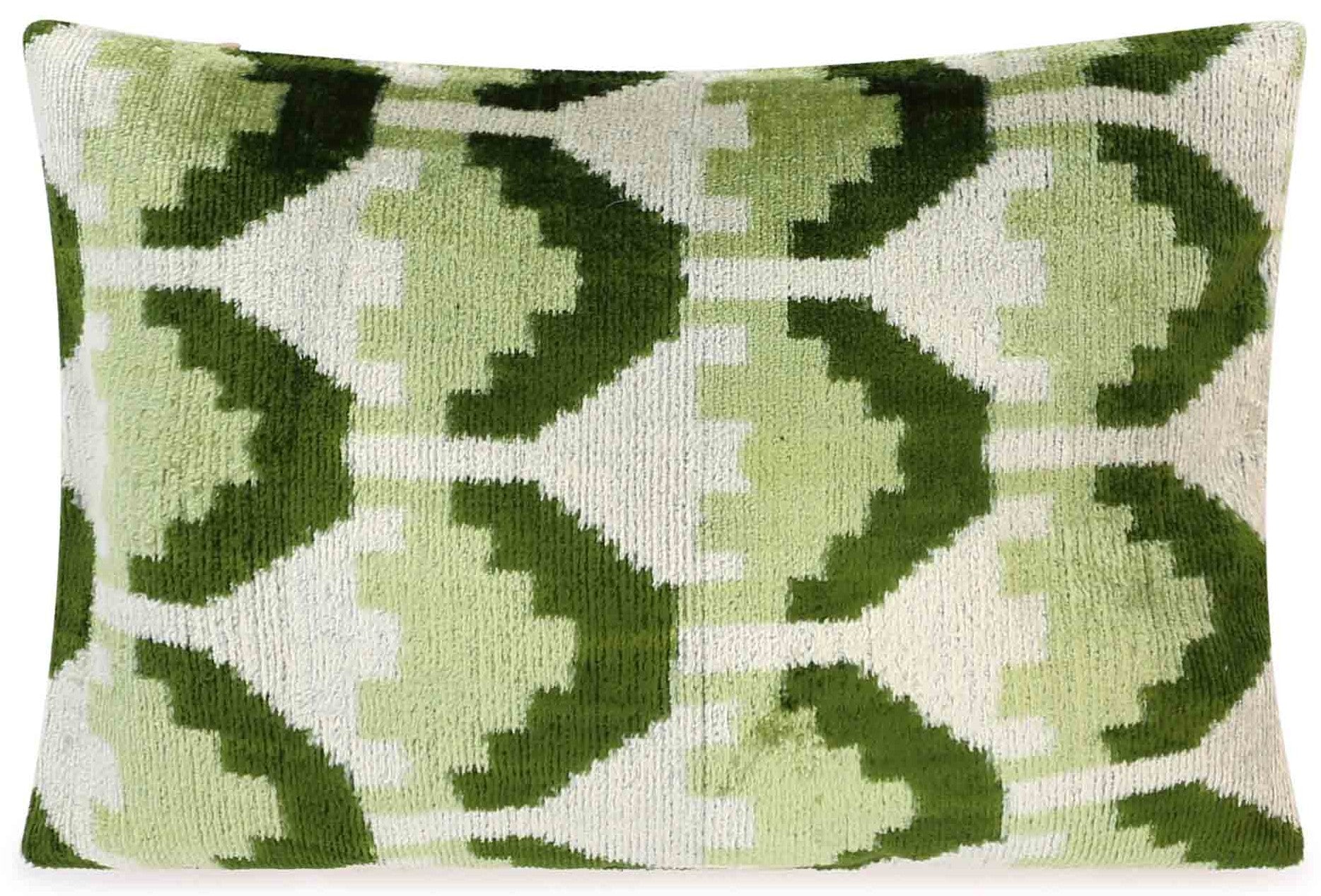Canvello Handmade Velvet Lumbar Pillow In Green And Cream Ikat Design - High-Quality Decorative Accent With Premium Down Feather Insert