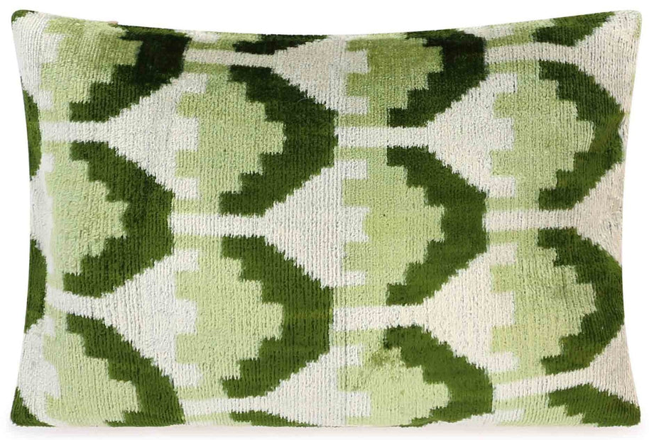 Canvello Handmade Velvet Lumbar Pillow In Green And Cream Ikat Design - High-Quality Decorative Accent With Premium Down Feather Insert