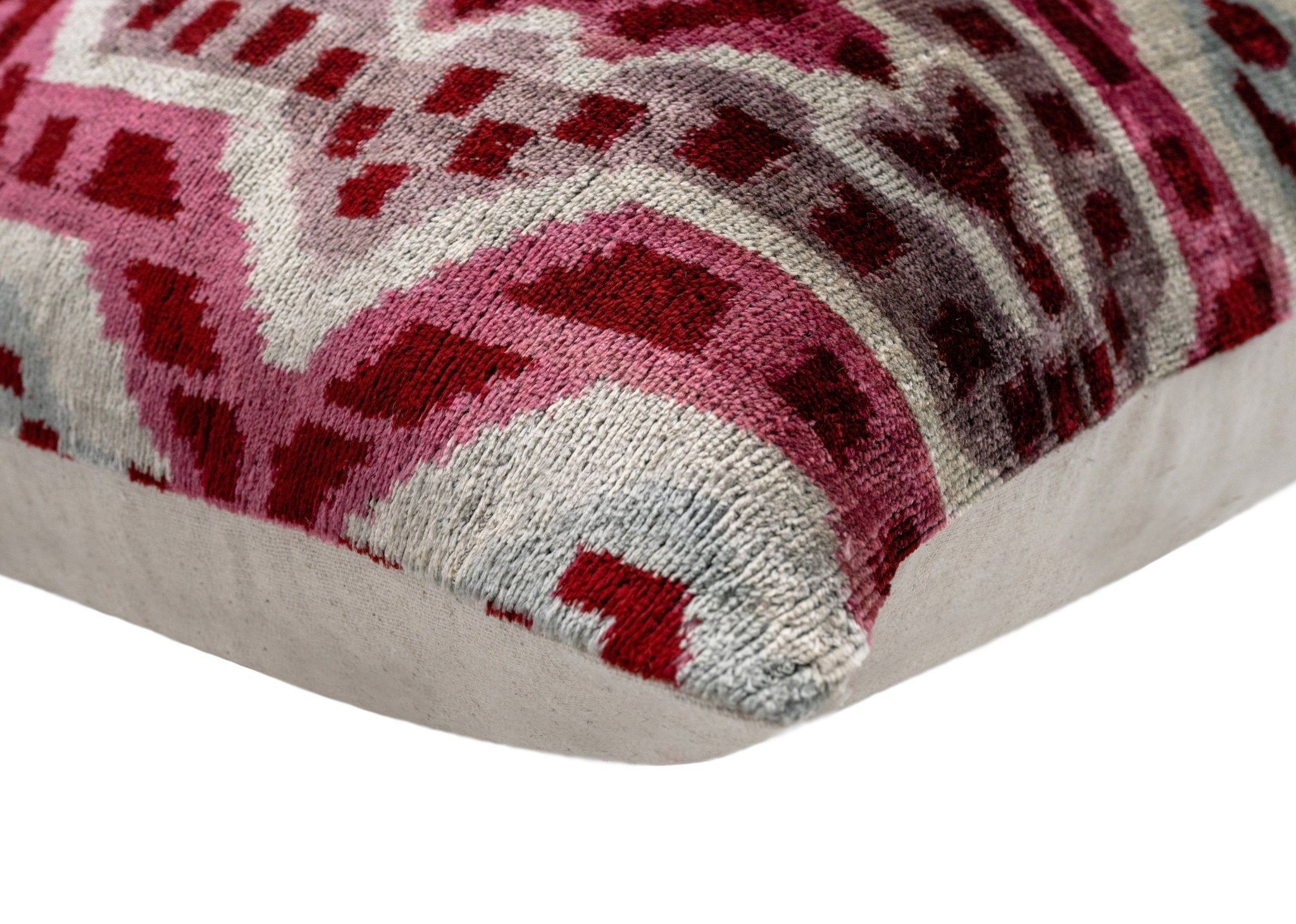 Canvello Handmade Velvet Throw Pillow With Red And Pink Ikat Design - High-Quality 20x20 Inch Decorative Accent With Premium Down Feather