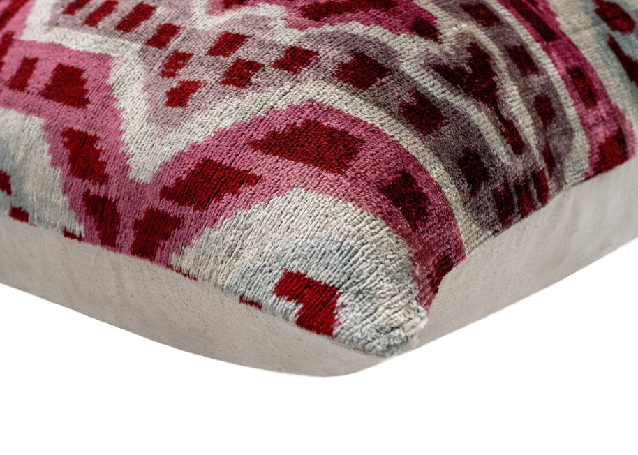 Canvello Handmade Velvet Throw Pillow With Red And Pink Ikat Design - High-Quality 20x20 Inch Decorative Accent With Premium Down Feather