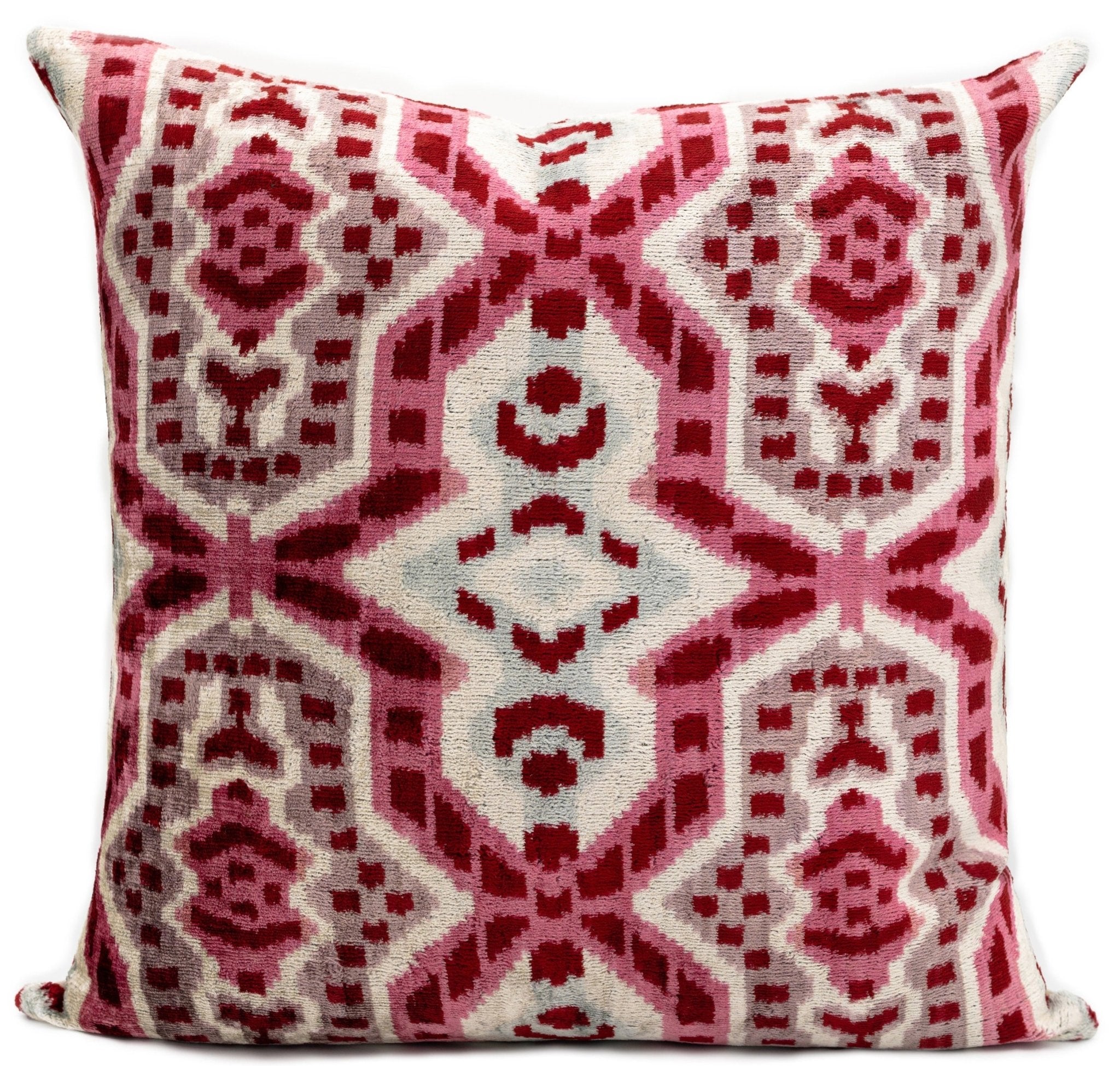 Canvello Handmade Velvet Throw Pillow With Red And Pink Ikat Design - High-Quality 20x20 Inch Decorative Accent With Premium Down Feather