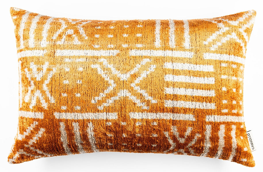 Canvello Organic Handmade Silk Velvet Pillow: 16x24 Inches With Premium Down Feather Insert - Luxury Copper Orange Geometric Floral Pattern