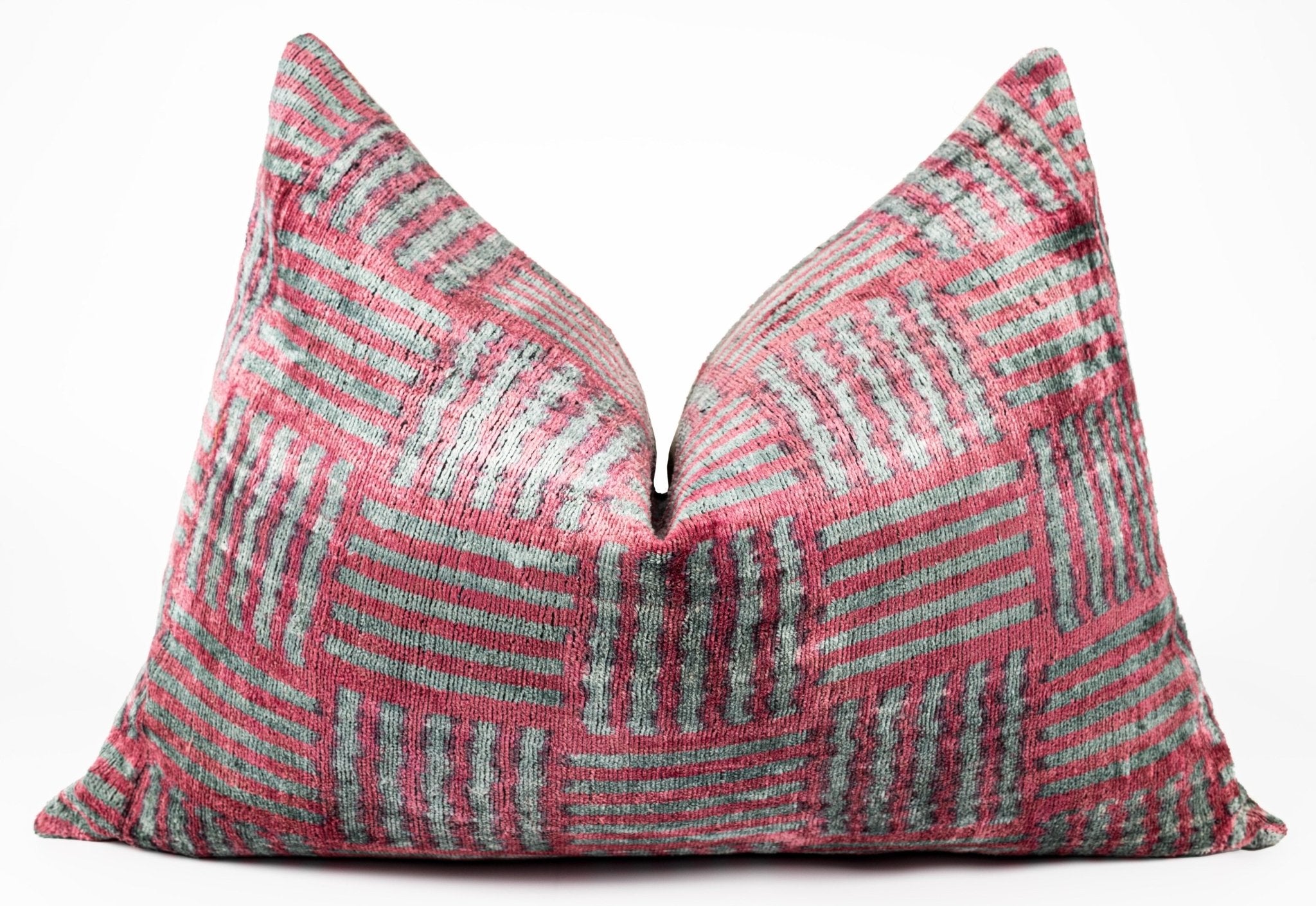 Canvello Organic Handmade Silk Velvet Pillow: 16x24 Inches With Premium Down Feather Insert - Luxury Red Gray Geometric Pattern