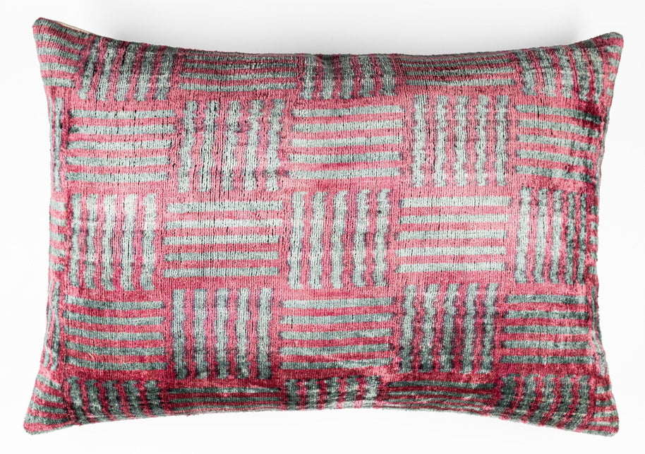 Canvello Organic Handmade Silk Velvet Pillow: 16x24 Inches With Premium Down Feather Insert - Luxury Red Gray Geometric Pattern