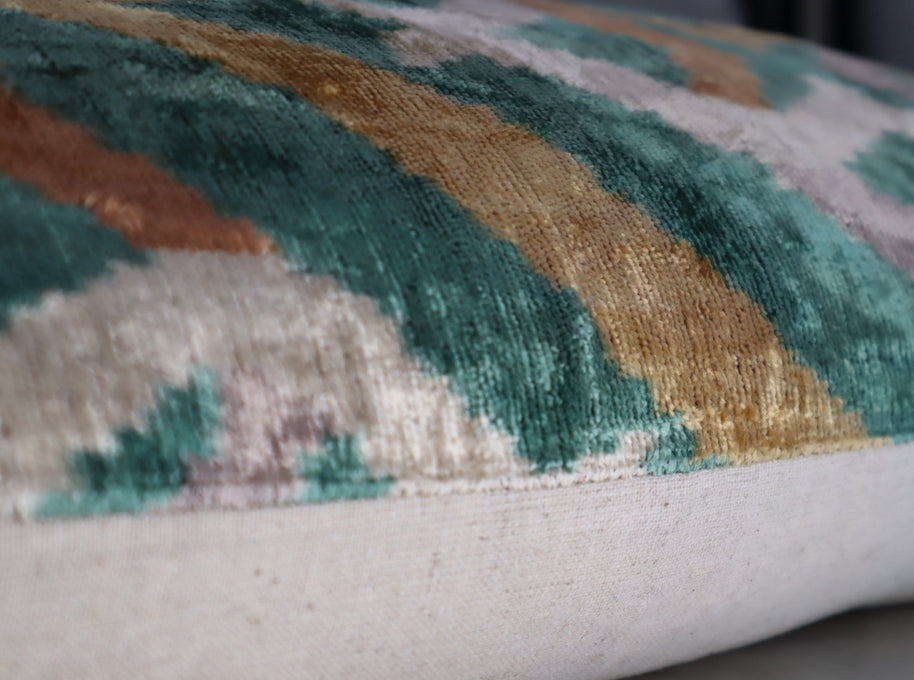 Canvello Teal Beige Brown Vegetable Dyed Handmade Turkish Silk Velvet Pillow - A Work Of Art