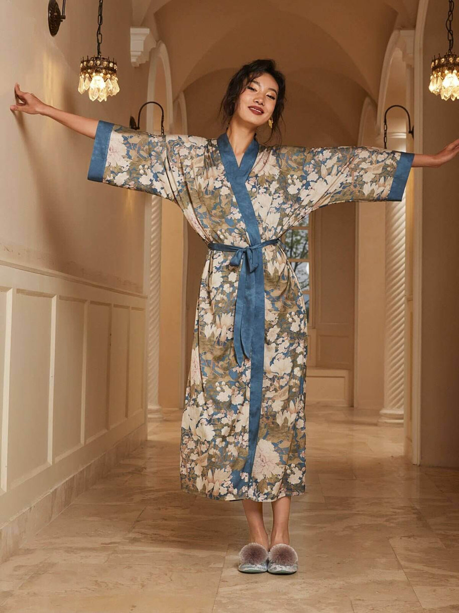 Ulivary Floral Blue Kimono Robe