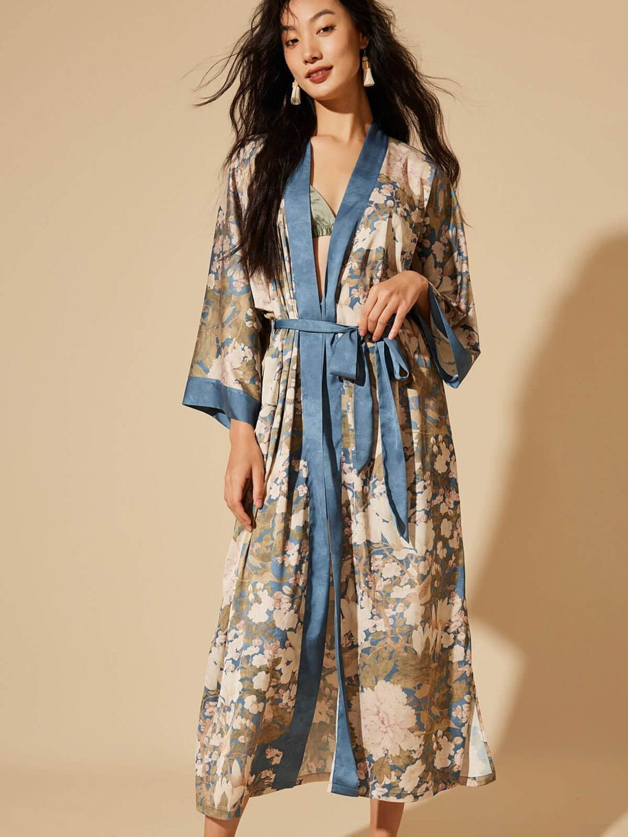 Ulivary Floral Blue Kimono Robe