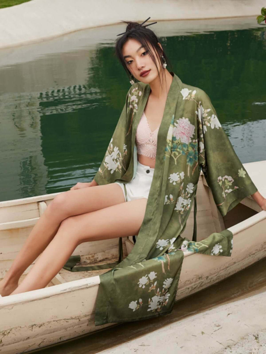 Ulivary Floral Olive Kimono Robe