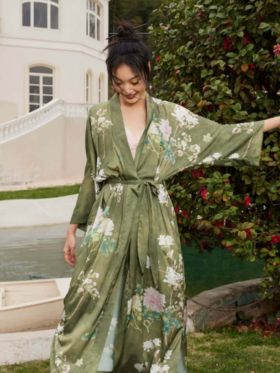 Ulivary Floral Olive Kimono Robe