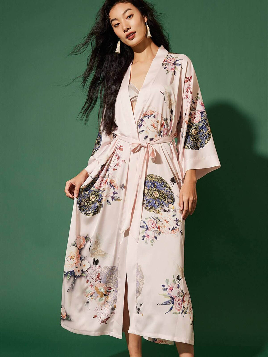 Ulivary Garden Crane Blush Kimono Robe