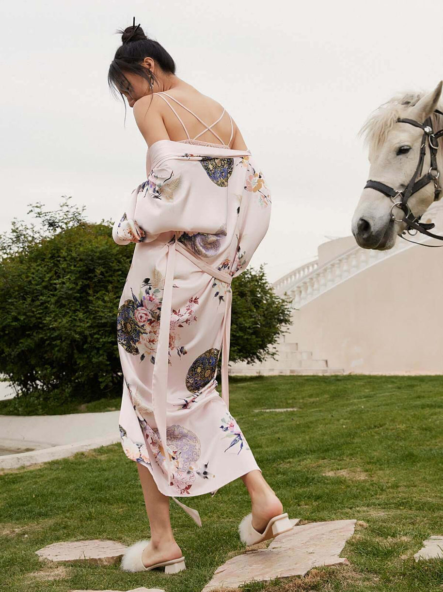 Ulivary Garden Crane Blush Kimono Robe