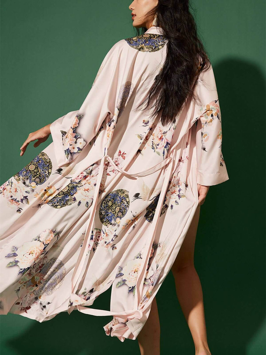 Ulivary Garden Crane Blush Kimono Robe
