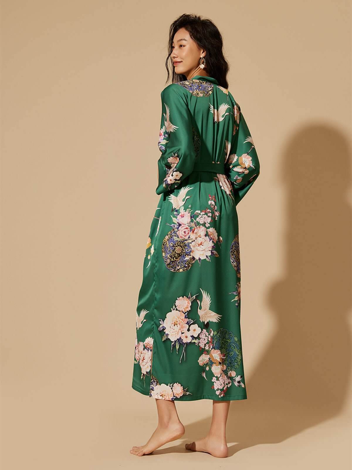 Ulivary Garden Crane Green Kimono Robe