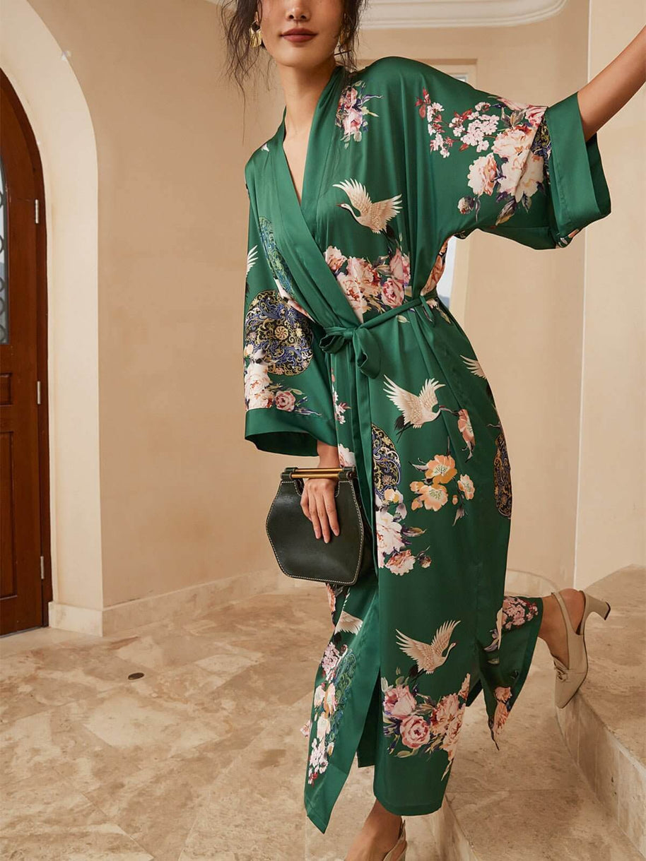 Ulivary Garden Crane Green Kimono Robe