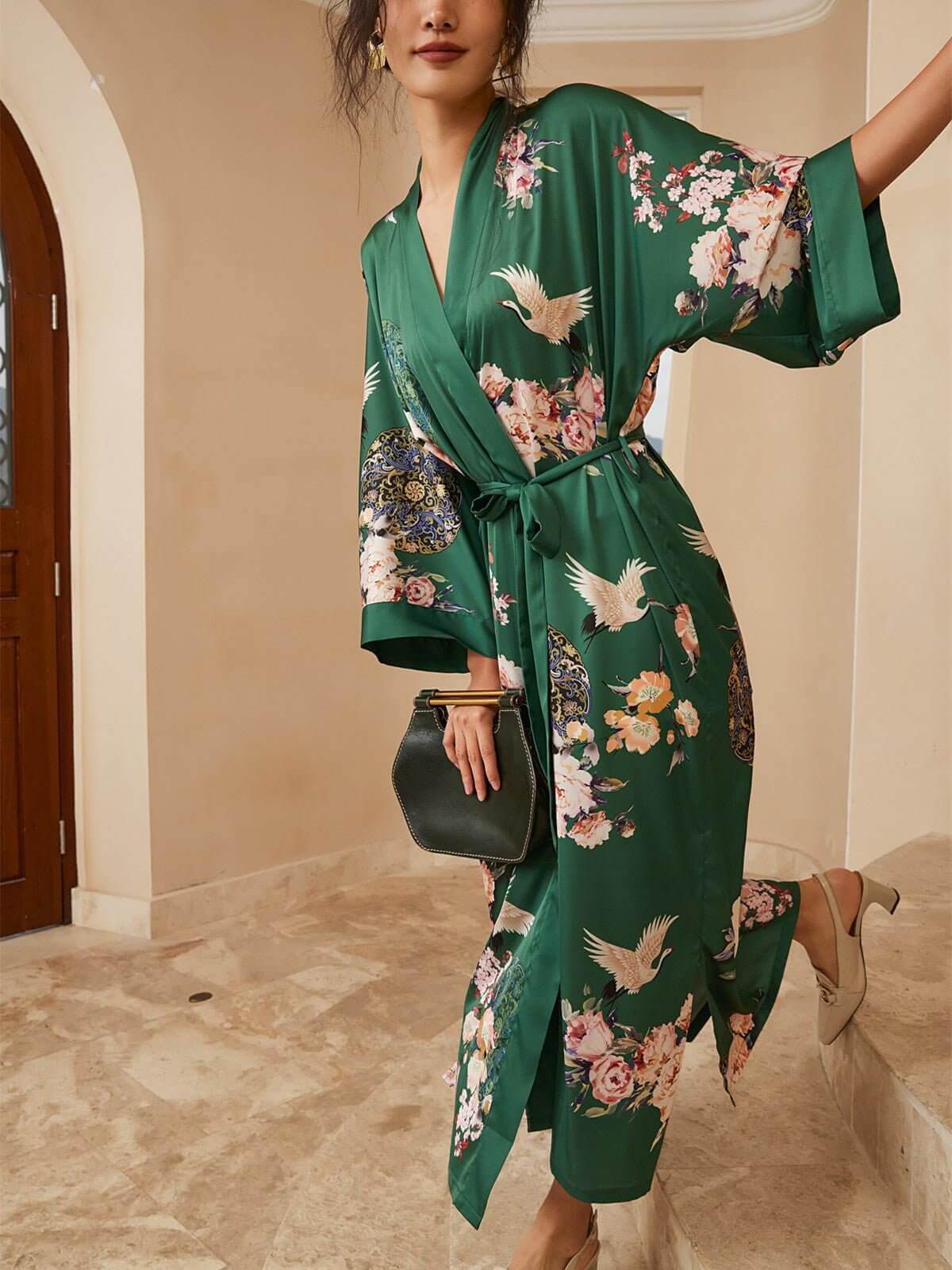 Garden Crane Green Kimono Robe
