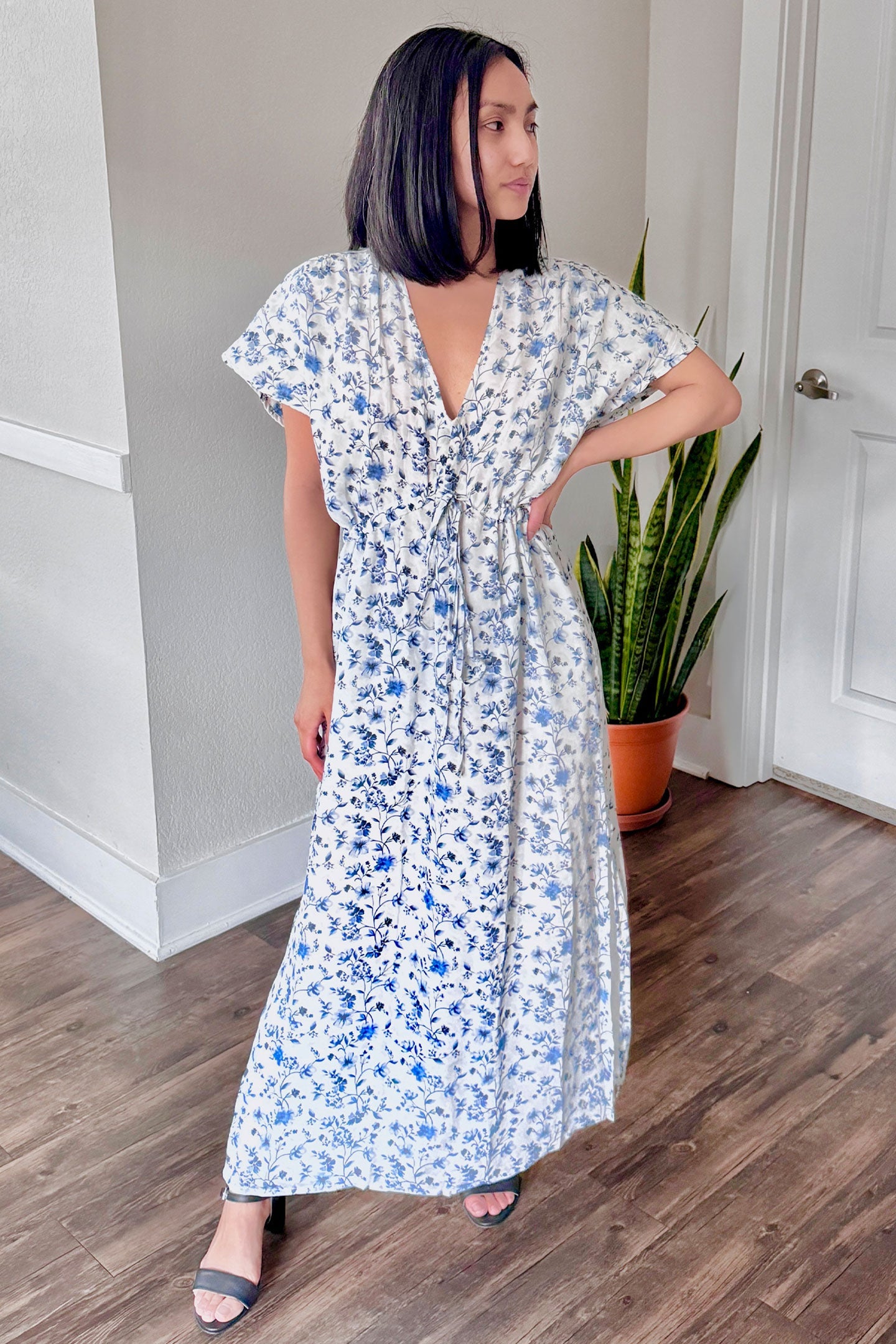 Reistor Gathered Maxi Dress in Blue Florals