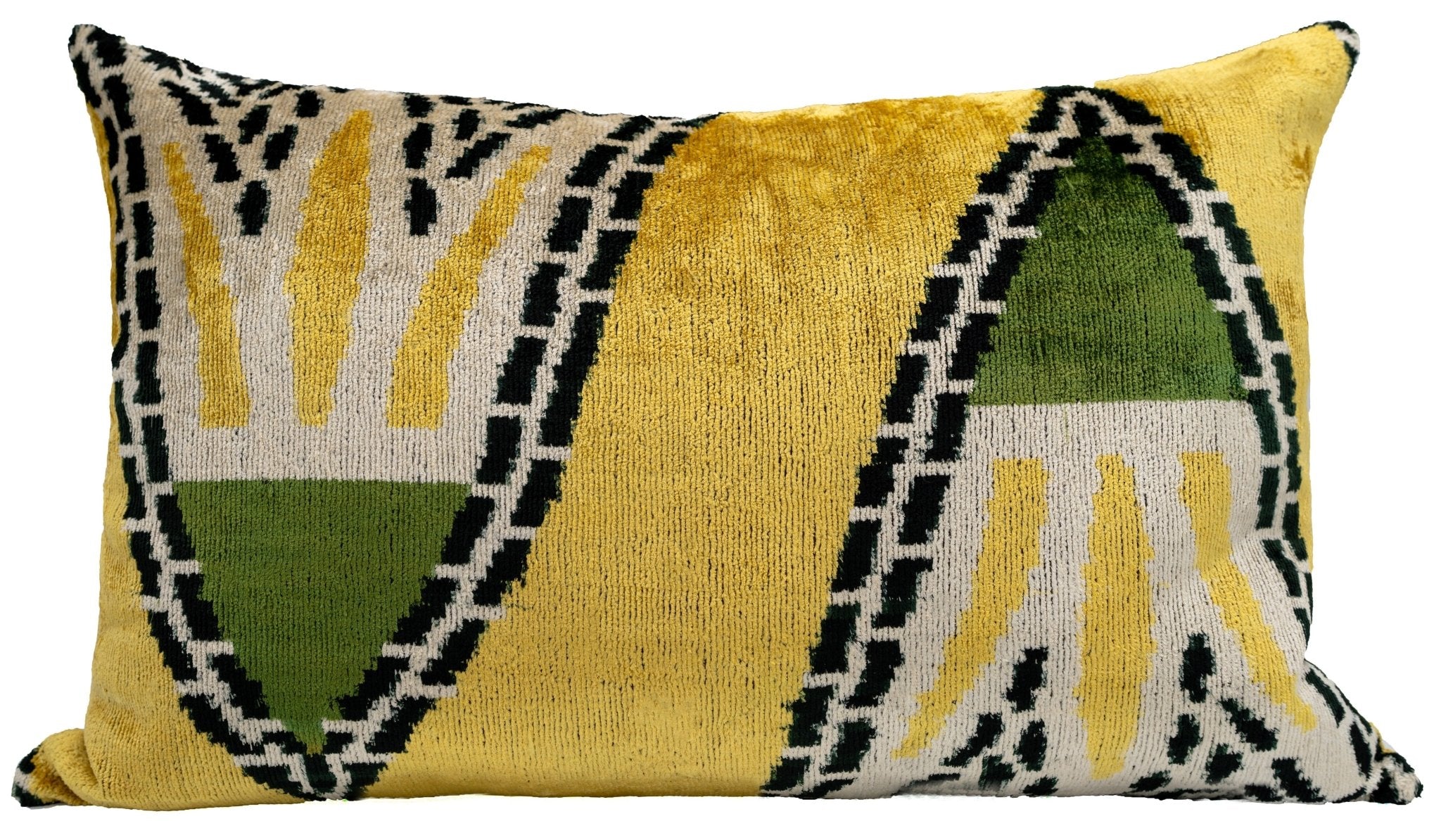 Handmade Gold Green Geometric Design Throw Pillow - 16x24 Inch, Vegetable Dyed With Premium Down Feather Insert