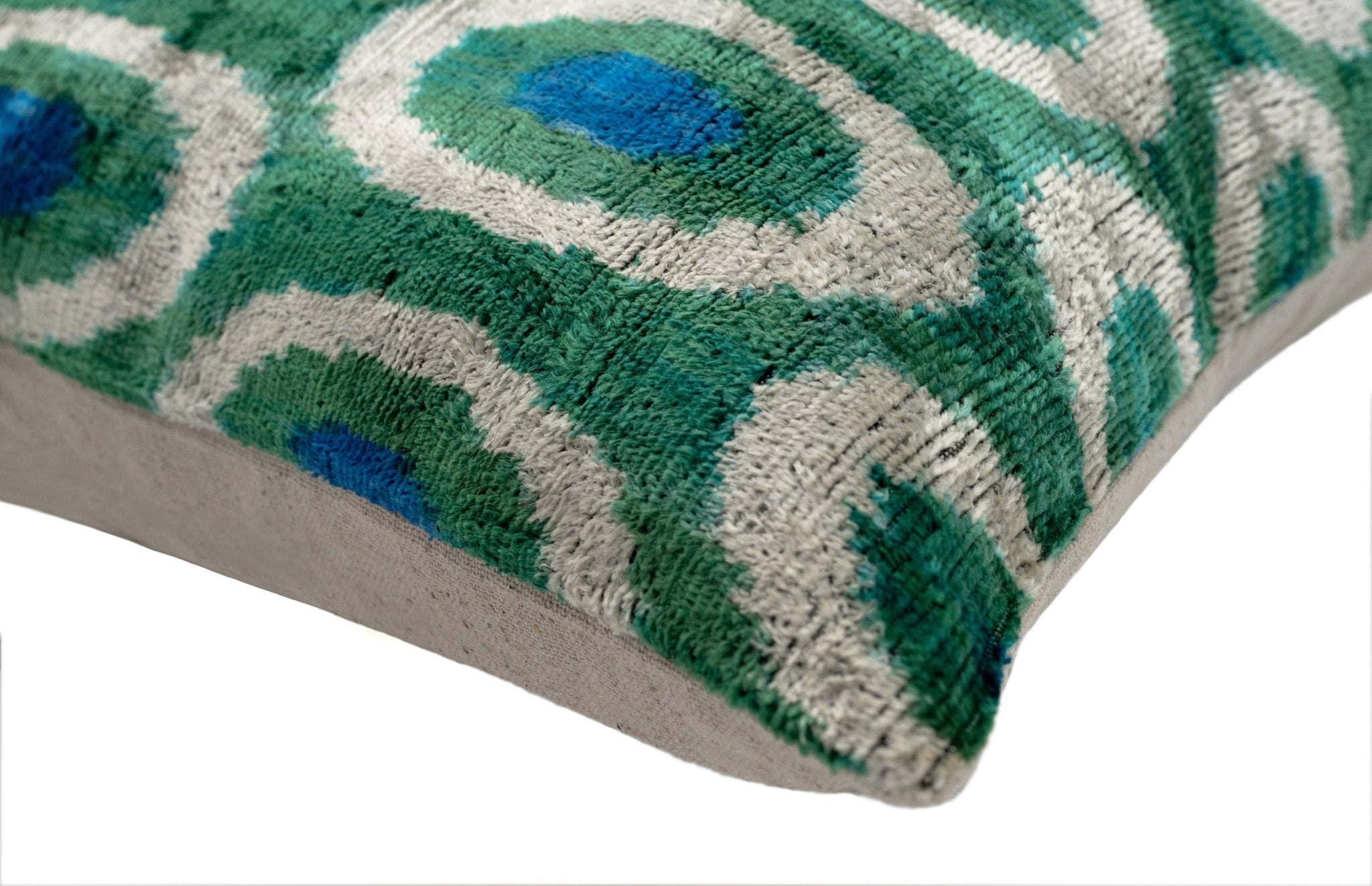 Handmade Green And Blue Circle Design Throw Pillow - 16x24 Inch, Silk Velvet, Vegetable Dyed With Premium Down Feather Insert