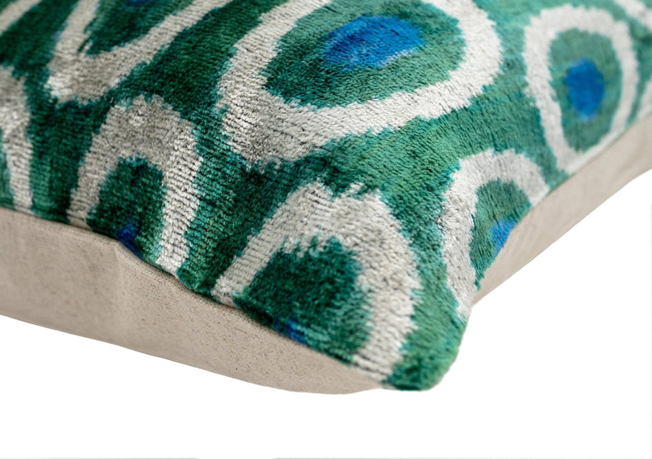 Handmade Green And Blue Circle Design Throw Pillow - 16x24 Inch, Silk Velvet, Vegetable Dyed With Premium Down Feather Insert