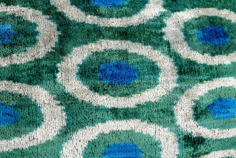 Handmade Green And Blue Circle Design Throw Pillow - 16x24 Inch, Silk Velvet, Vegetable Dyed With Premium Down Feather Insert