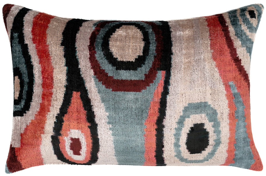 Handmade Multicolor Abstract Design Throw Pillow - 16x24 Inch, Silk Velvet, Vegetable Dyed With Premium Down Feather Insert