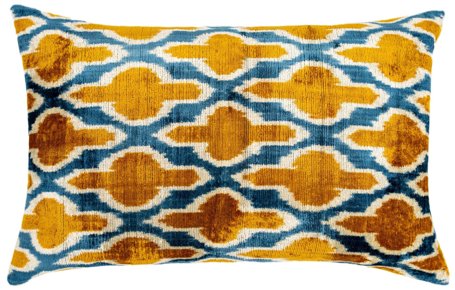 Handmade Throw Pillow Cover & Feather Insert | Gold Blue Geometric | Soft Throw Pillow| Luxury Decorative For Couch | 16 X 24 In