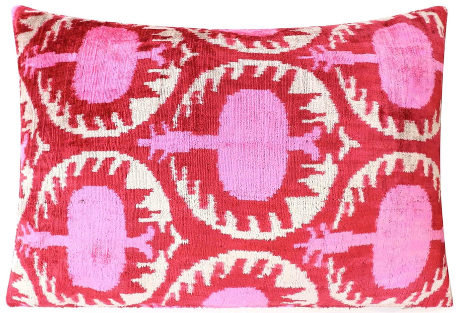 Handmade Velvet Lumbar Pillow In Red And Pink Ikat Floral Design - High-Quality 16x24 Inch Decorative Accent With Premium Down Feather Insert