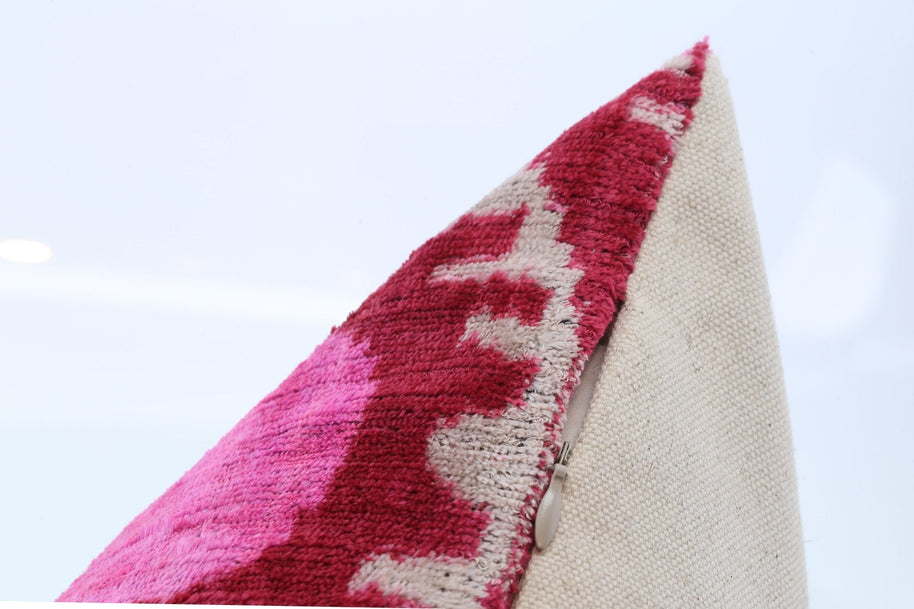 Handmade Velvet Lumbar Pillow In Red And Pink Ikat Floral Design - High-Quality 16x24 Inch Decorative Accent With Premium Down Feather Insert