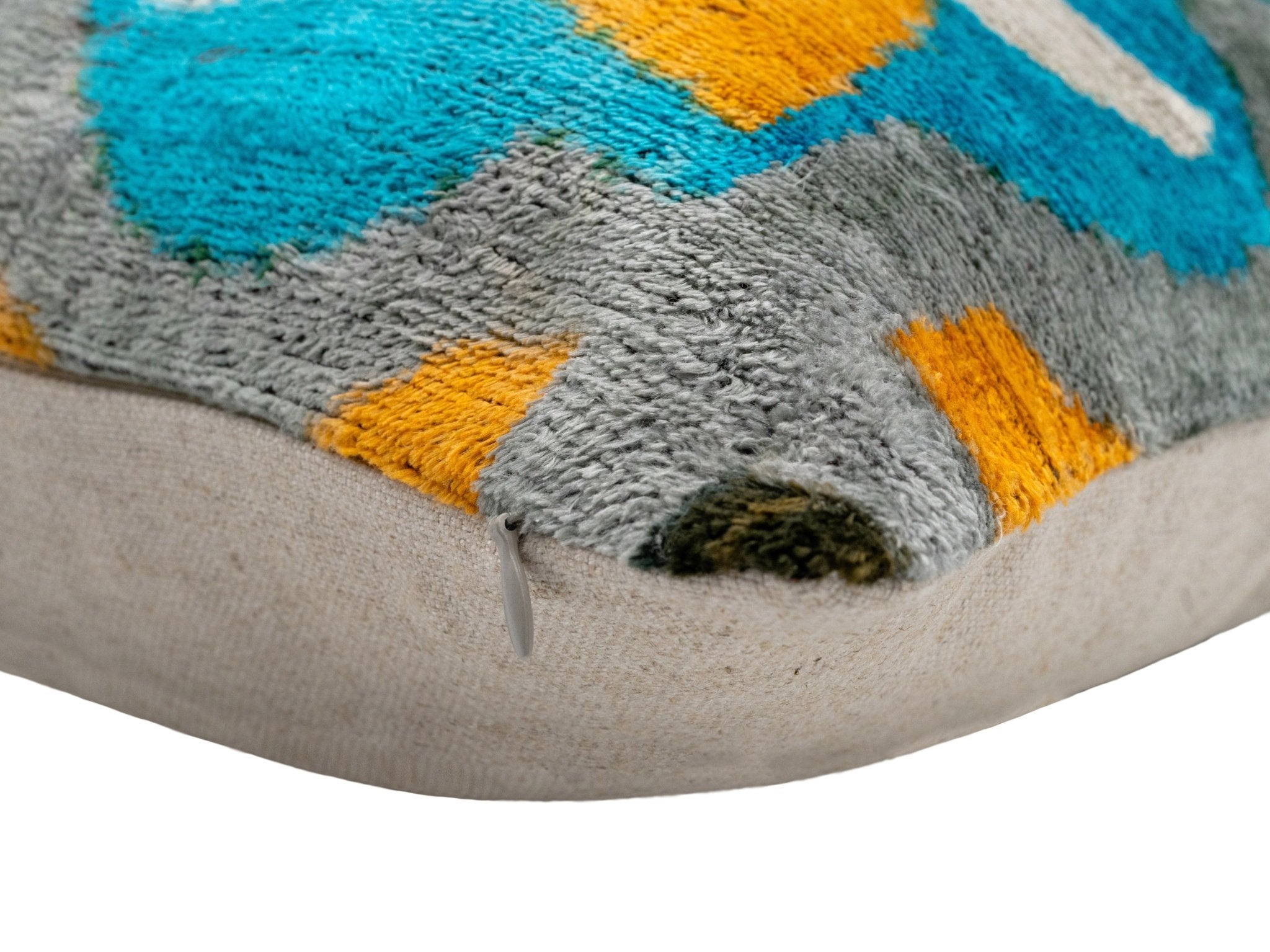 Handmade Velvet Throw Pillow With Blue, Yellow, And Gray Geometric Design - High-Quality 20x20 Inch Decorative Accent With Premium Down Feather Insert For Sofas, Couches, And Interior Design