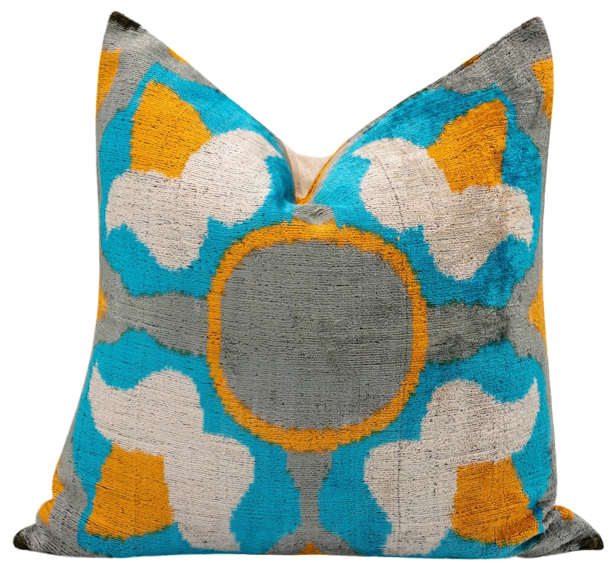 Handmade Velvet Throw Pillow With Blue, Yellow, And Gray Geometric Design - High-Quality 20x20 Inch Decorative Accent With Premium Down Feather Insert For Sofas, Couches, And Interior Design