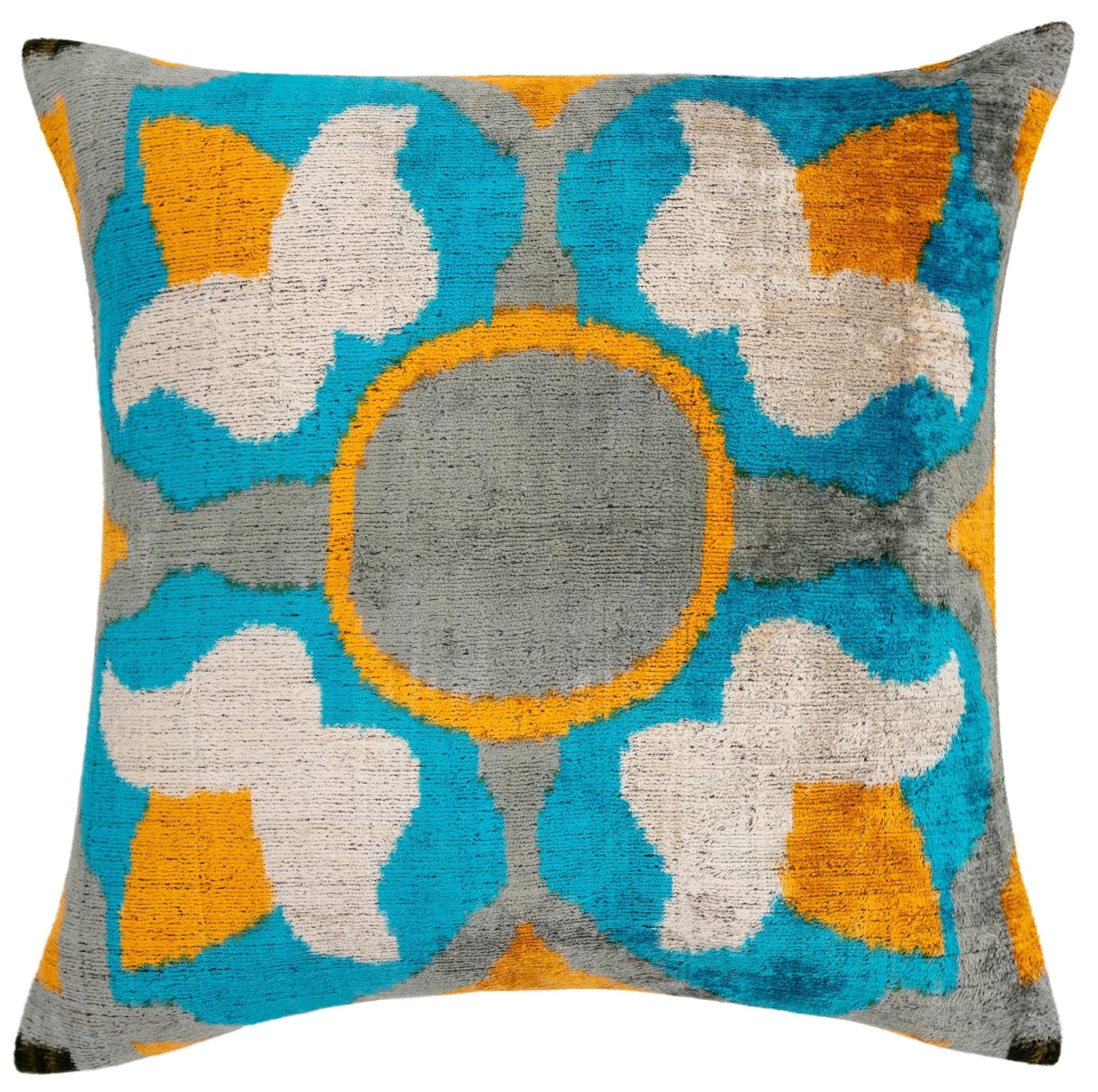 Handmade Velvet Throw Pillow With Blue, Yellow, And Gray Geometric Design - High-Quality 20x20 Inch Decorative Accent With Premium Down Feather Insert For Sofas, Couches, And Interior Design